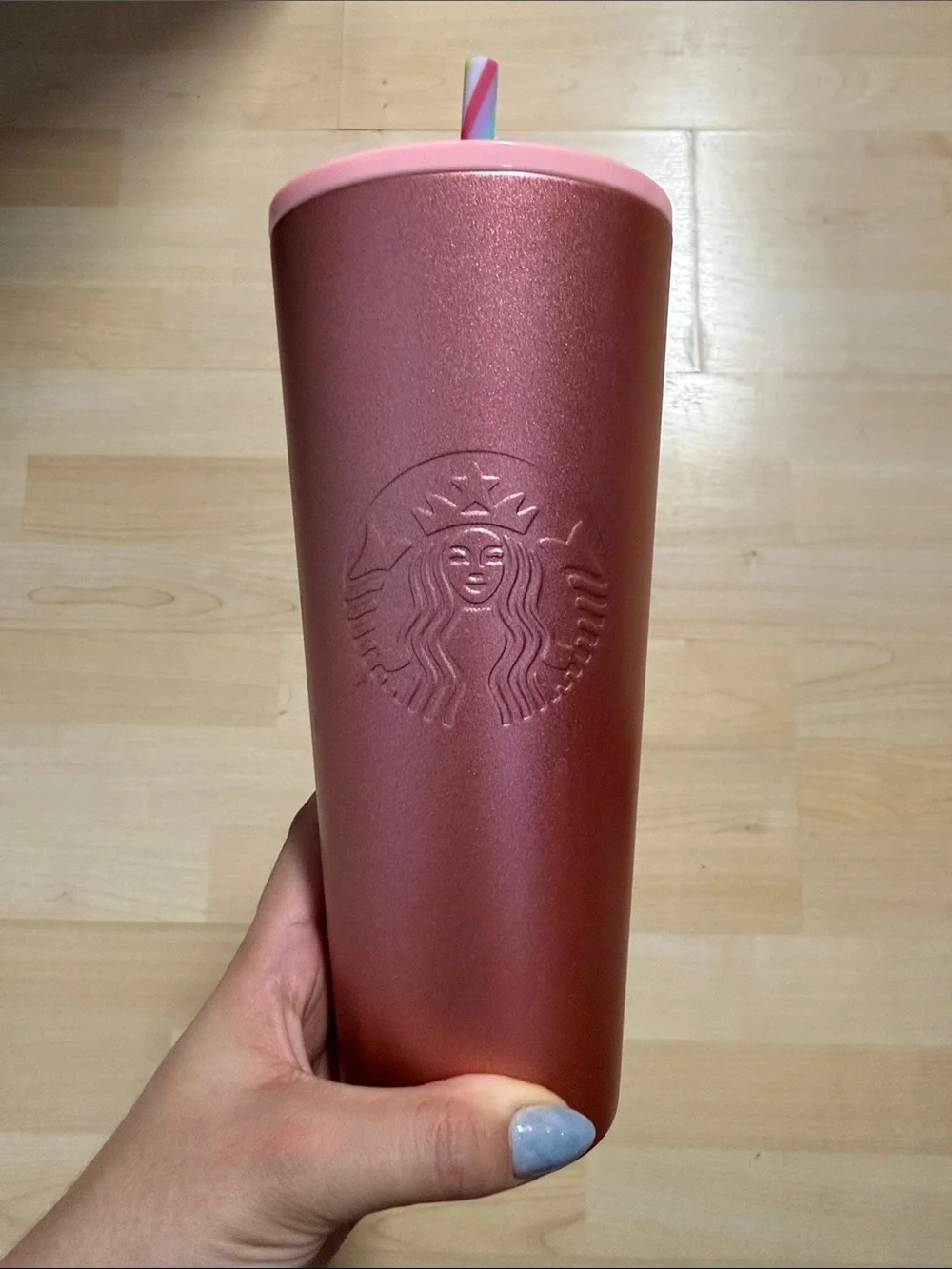 Starbucks Metallic Rose Pink Tumbler with Rainbow Straw